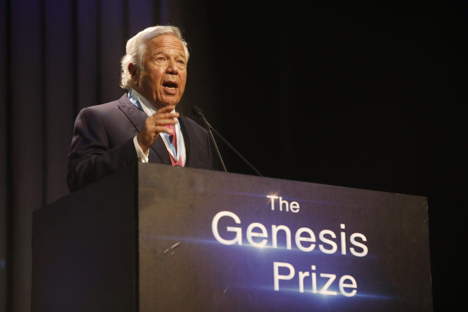 New England Patriots owner Robert Kraft, speaks after receiving Genesis Prize in Jerusalem, Thursday, June 20, 2019. Israel honored Kraft with the 2019 Genesis Prize for his philanthropy and commitment to combatting anti-Semitism. (AP Photo/Sebastian Scheiner)