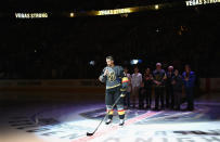 <p>Las Vegas native Deryk Engelland had this to say during a pre-game speech: “To all the brave first responders that have worked tirelessly and courageously through this whole tragedy, we thank you. To the families and friends of the victims, know that we’ll do everything we can to help you and our city heal. We are Vegas Strong.” (Bruce Bennett/Getty Images) </p>