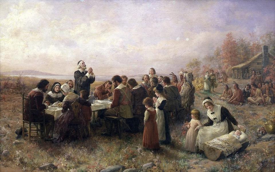 "The First Thanksgiving at Plymouth" (1914) oil on canvas by Jennie A. Brownscombe.