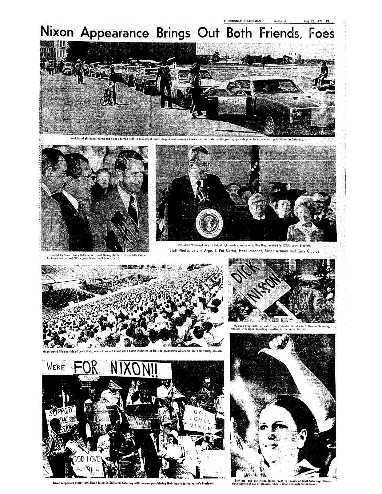 The May 12, 1974, publication of The Sunday Oklahoman included a full page of photos from President Richard Nixon's visit to Oklahoma the previous day.