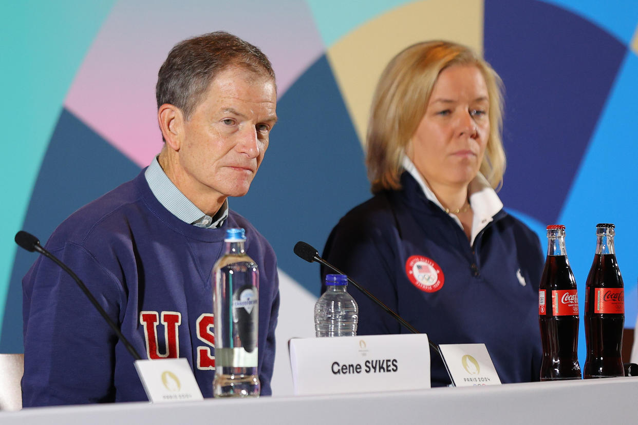 PARIS, FRANCE - JULY 25: USOPC Chairman Gene Sykes speaks during the United States Olympic & Paralympic Committee Leadership press conference ahead of the Paris 2024 Olympic Games at the Main Press Centre on July 25, 2024 in Paris, France. (Photo by Mike Lawrie/Getty Images)