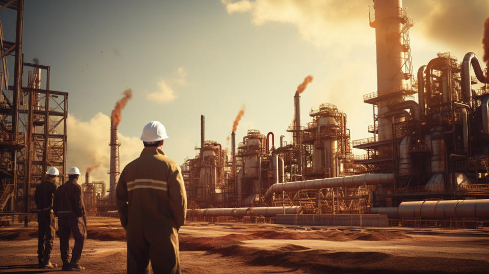 Oil derricks in the background with a few workers in the foreground, emphasizing the company’s oil and gas production activities.