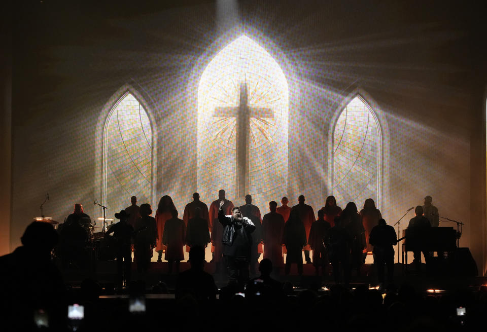 Jelly Roll performs "Need a Favor" at the 57th Annual CMA Awards on Nov. 8, 2023, at the Bridgestone Arena in Nashville, Tenn. (AP Photo/George Walker IV)