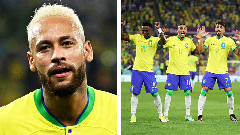 Neymar (pictured left) during a game and (pictured right) and Brazil dancing after a goal.