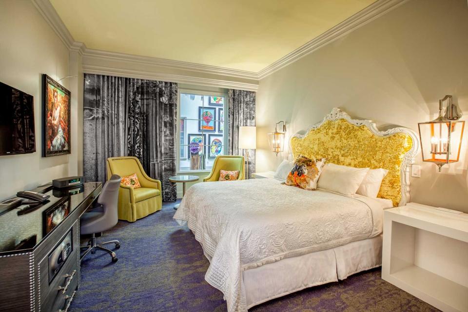 A colorful guest room at the Grand Bohemian hotel in Charleston, SC