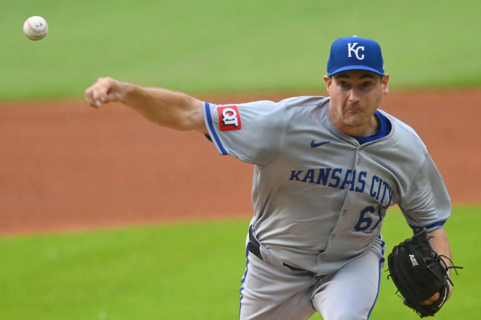 Jun 4, 2024; Cleveland, Ohio, USA; Kansas City Royals starting pitcher Seth Lugo (67) delivers a pitch in the first inning against the Cleveland Guardians at Progressive Field. Mandatory Credit: David Richard-USA TODAY Sports