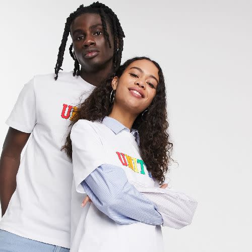 12) ASOS DESIGN x glaad& unisex t-shirt with unity logo in white