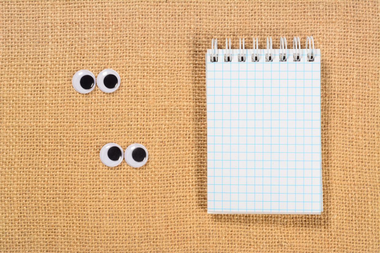 Two pair of googly eyes look at notebook with clean page, on the jute burlap canvas background. Copy space for your text and idea.