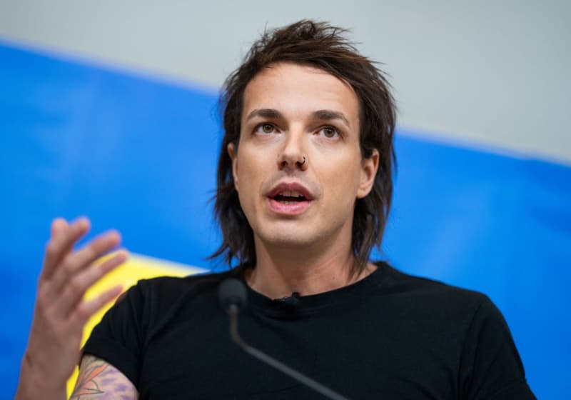 Austrian Beer Party leader Dominik Wlazny speaks during a press conference. Wlazny will be a candidate for his Beer Party in parliamentary elections later this year. Georg Hochmuth/APA/dpa