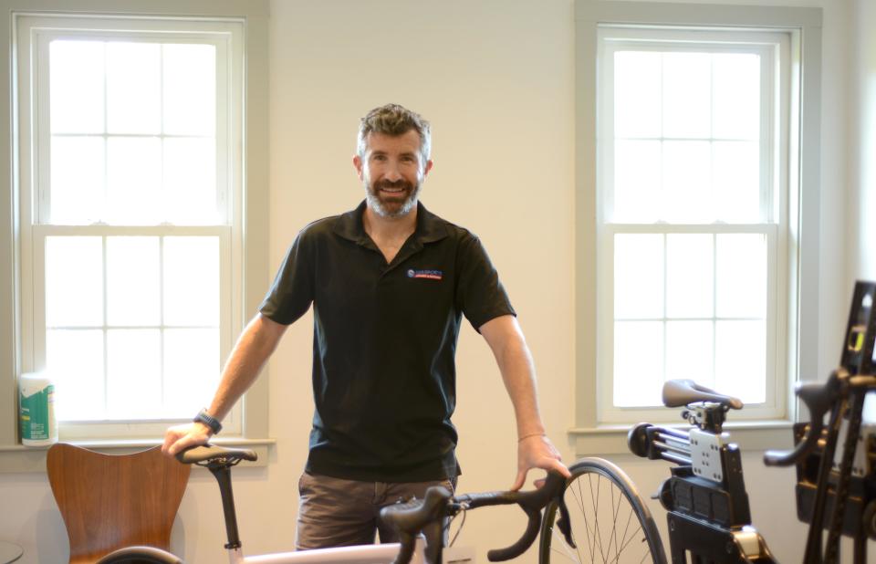 Sea Sports owner Jeff Craddock in the bicycle fitting room at the Hyannis store where bikes are custom-fitted for the rider.