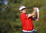 Bernhard Langer watches his tee shot in the 17th hole during the last day of the Dominion Energy Charity Classic golf tournament at Country Club of Virginia on Sunday, Oct. 24, 2021, in Richmond, Va. (Daniel Sangjib Min/Richmond Times-Dispatch via AP)