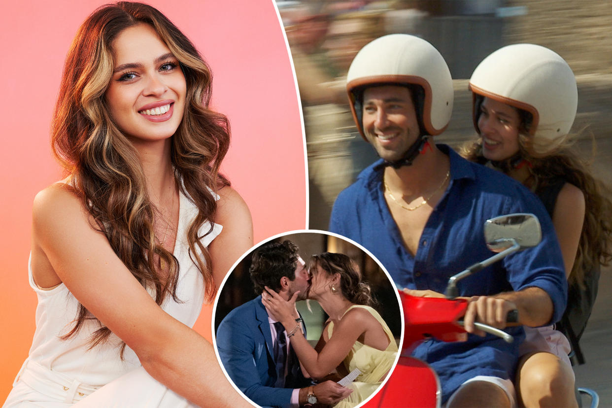 Joey Graziadei making his final rose choice on The Bachelor season finale, featuring a collage of him and Kelsey Anderson on a scooter.