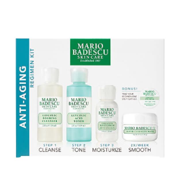 Find this <a href="https://fave.co/2S00bNI" target="_blank" rel="noopener noreferrer">Mario Badescu Anti Aging Regimen Kit for $30 at Ulta</a><a href="https://fave.co/2S00bNI" target="_blank" rel="noopener noreferrer">﻿</a>.