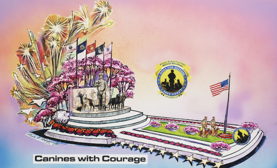 In this undated publicity photo provided by Natural Balance, a rendering of a float called "Canines with Courage," the Natural Balance entry for the Tournament of Roses parade in Pasadena on Jan. 1, 2013 is shown. War handler veteran, John Burnam, and dogs and handlers from every branch of the service will ride the float. (AP Photo/Natural Balance)