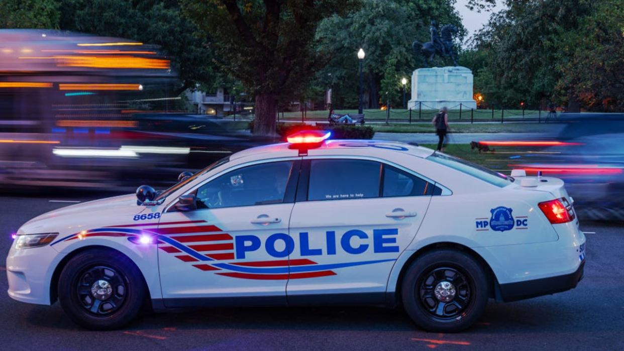 <div>WASHINGTON, DC - SEPTEMBER 06: A police vehicle is seen at Washington Circle in Foggy Bottom after a dangerous suspect escaped custody at George Washington University hospital earlier in the day in Washington, DC on September 06, 2023. (Photo by Craig Hudson for The Washington Post via Getty Images)</div>