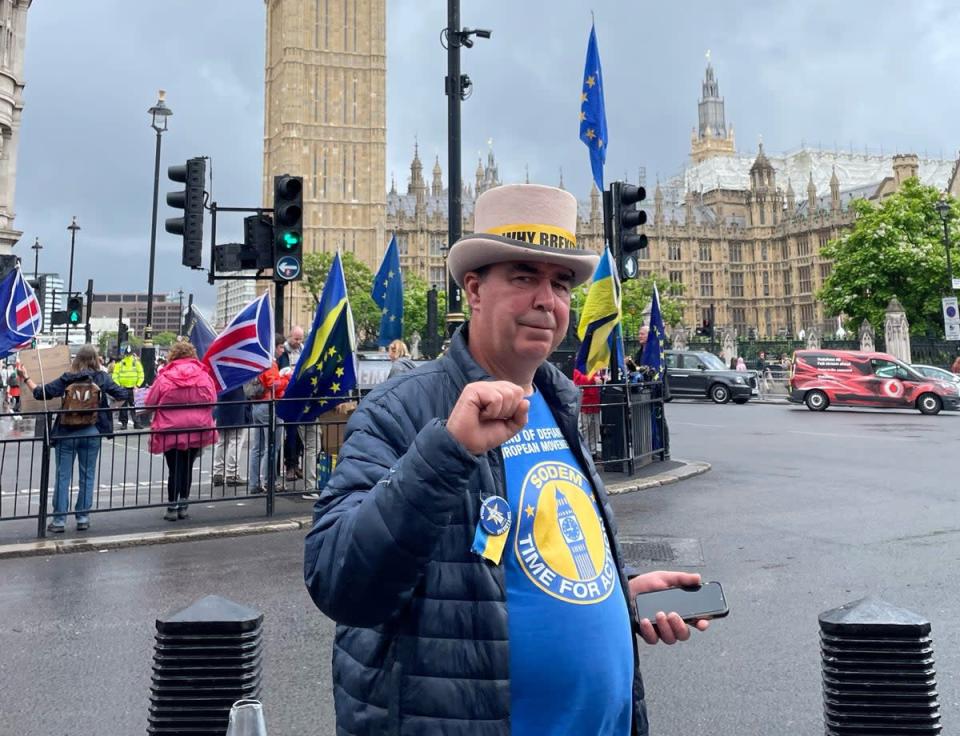 Anti-Brexit protester Steve Bray is seen back on Parliament Square with an amplifier a day after police seized his amplifiers, after they said he was protesting too loudly (Sophie Wingate/PA) (PA Wire)