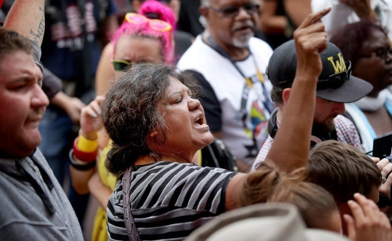 A protester makes her voice heard in a rally against the closure of remote Aboriginal communities and deaths in custody. Picture: Bill Hatto/ The West Australian