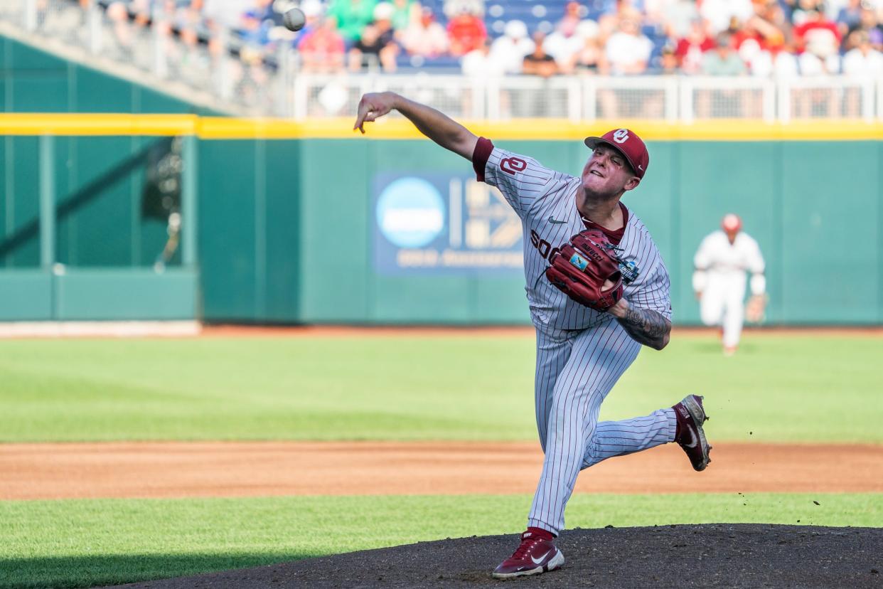 Oklahoma's Cade Horton pitches against Notre Dame  during the first inning on June 19 in the College World Series at Charles Schwab Field.