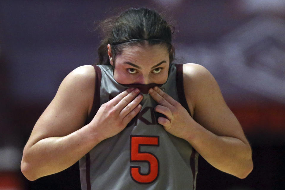 Virginia Tech's Georgia Amoore (5) reacts in the first half of an NCAA college basketball game against Georgia Tech, Thursday, Jan. 25, 2024, in Blacksburg, Va. (Matt Gentry/The Roanoke Times via AP)