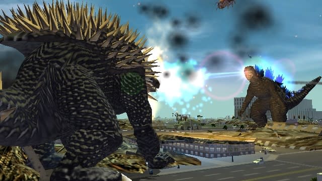 Godzilla fighting giant dinosaur Anguirus in Godzilla: Destroy All Monsters Melee.