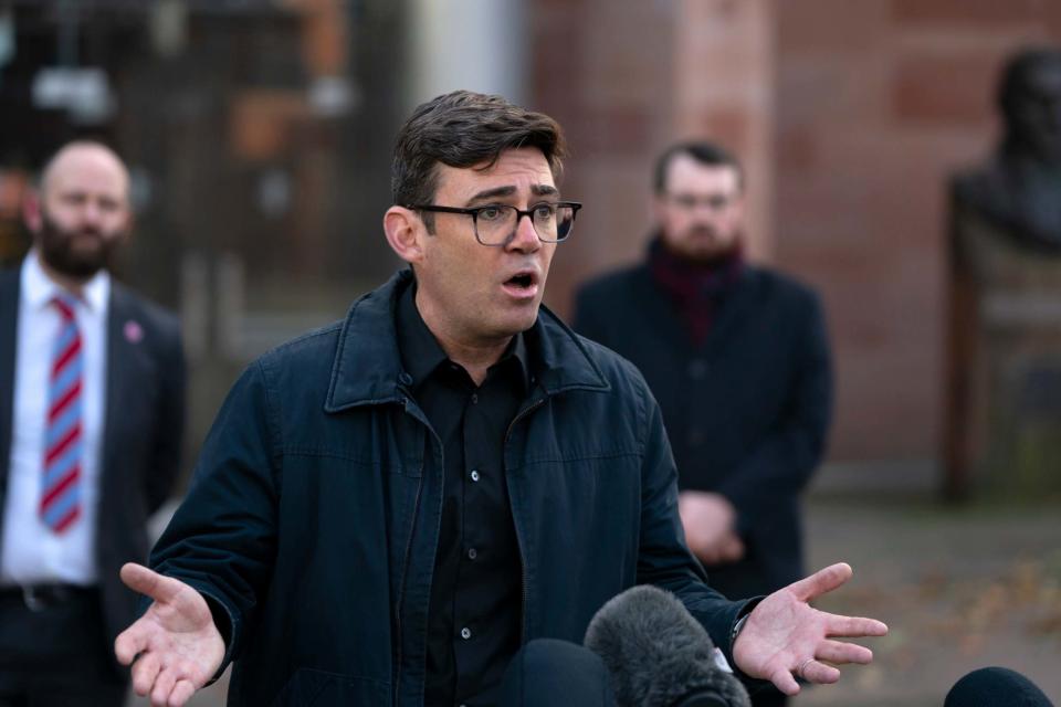 Greater Manchester mayor Andy Burnham speaks to the media outside Bridgewater Hall: AP