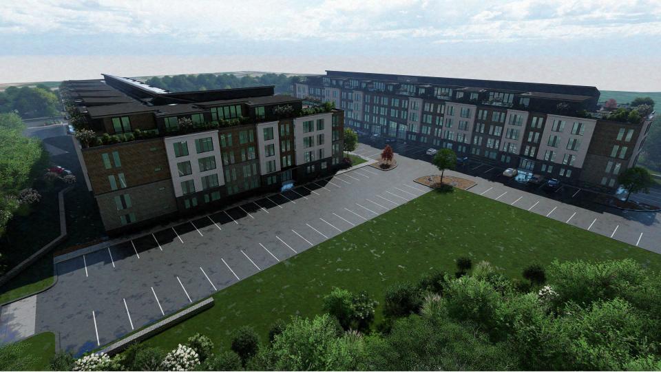 This rendering shows new architectural designs for a proposed 212-unit apartment complex proposed in Rockland.