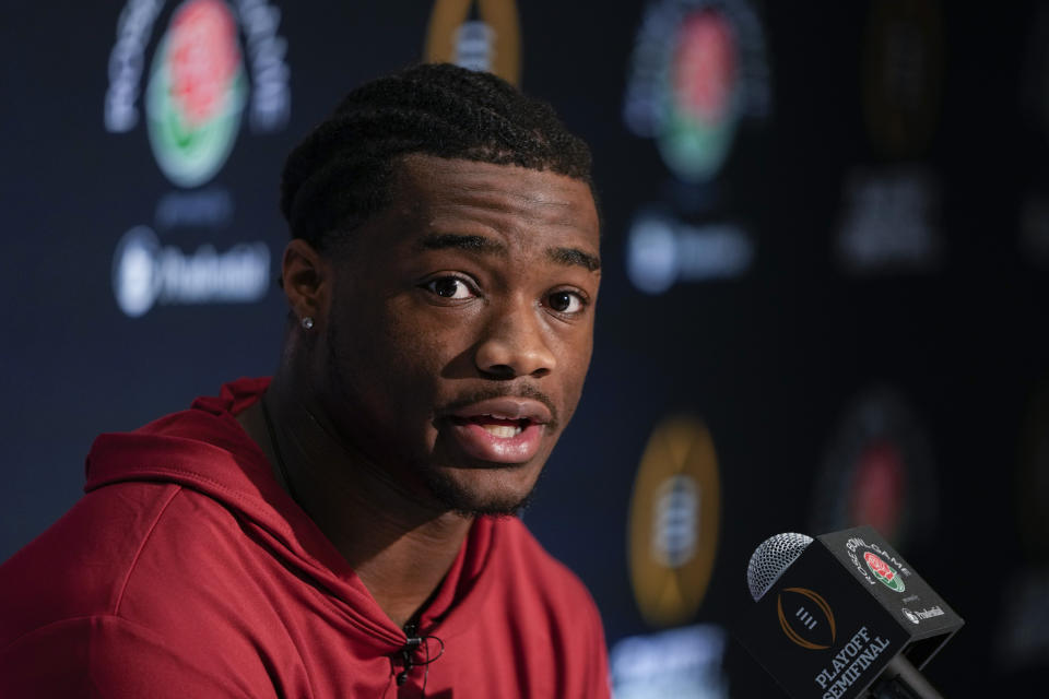 Alabama quarterback Jalen Milroe speaks to reporters during a press conference on Thursday, Dec. 28, 2023, in Los Angeles. Alabama is scheduled to play against Michigan on New Year's Day in the Rose Bowl, a semifinal in the College Football Playoff. (AP Photo/Ryan Sun)