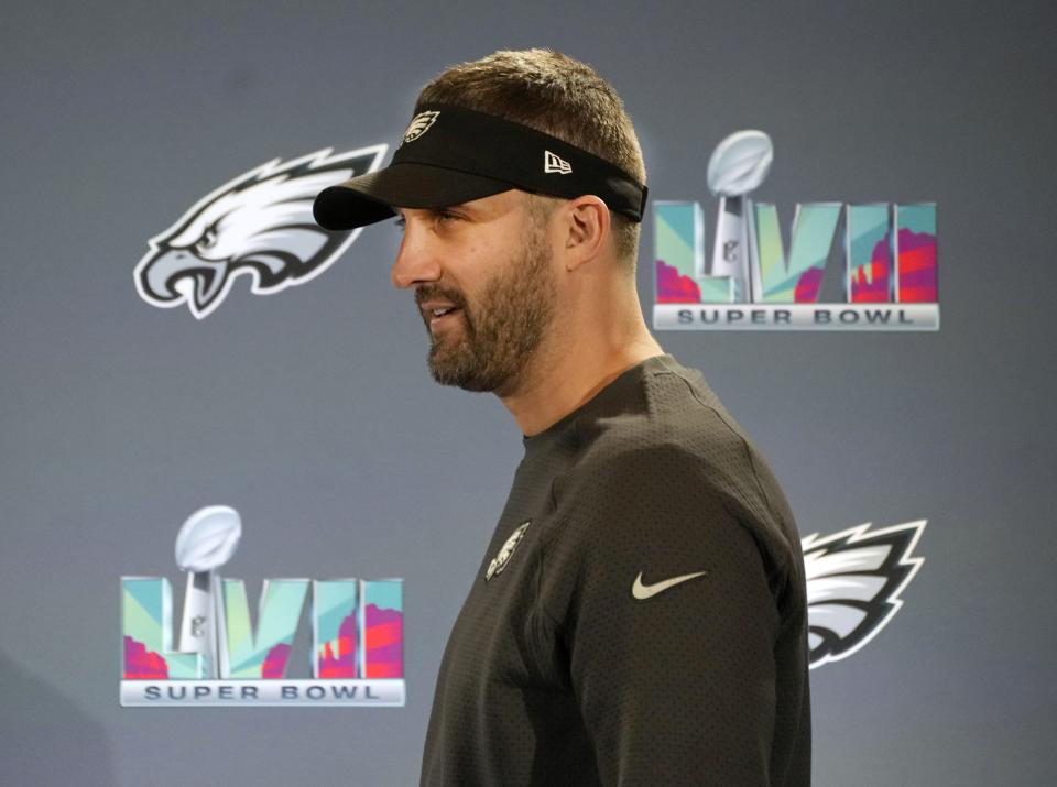 Philadelphia Eagles head coach Nick Sirianni addresses the media during team availability at Sheraton Grand at Wild Horse Pass in Phoenix on Feb. 7, 2023.