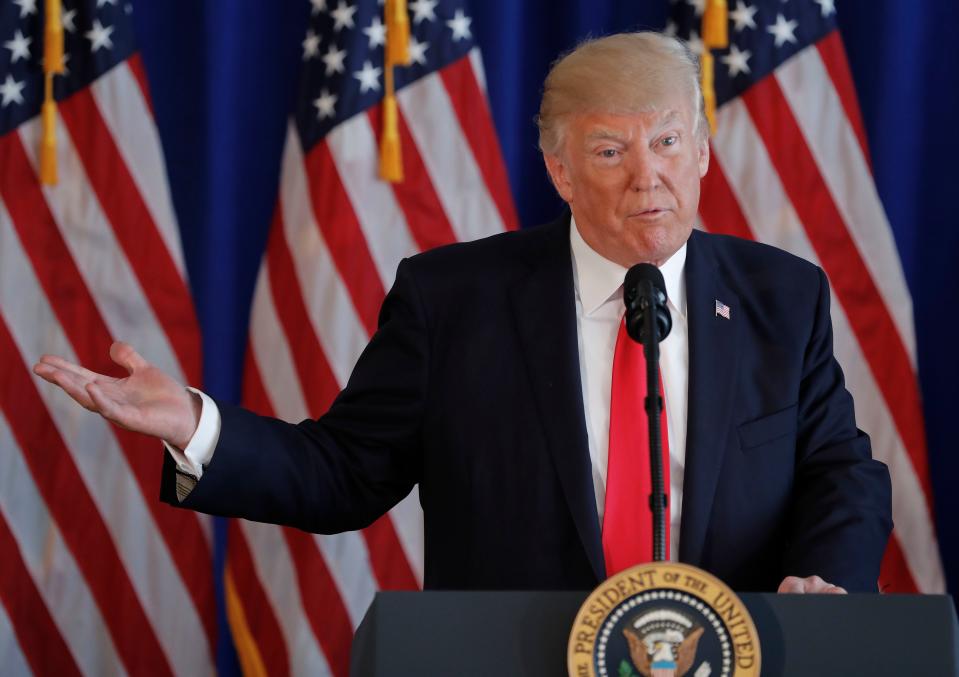 President Donald Trump speaks to members of the media regarding the protests that ended in violence in Charlottesville, Va., Saturday, Aug. 12, 2017 at Trump National Golf Club in Bedminister, N.J.