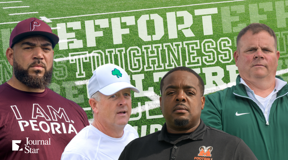 Peoria high school football coaches, from left, Aaron Montgomery of Peoria High; Pat Armstrong of Notre Dame; Dennis Bailey of Manual; and Jim Ulrich of Richwoods.