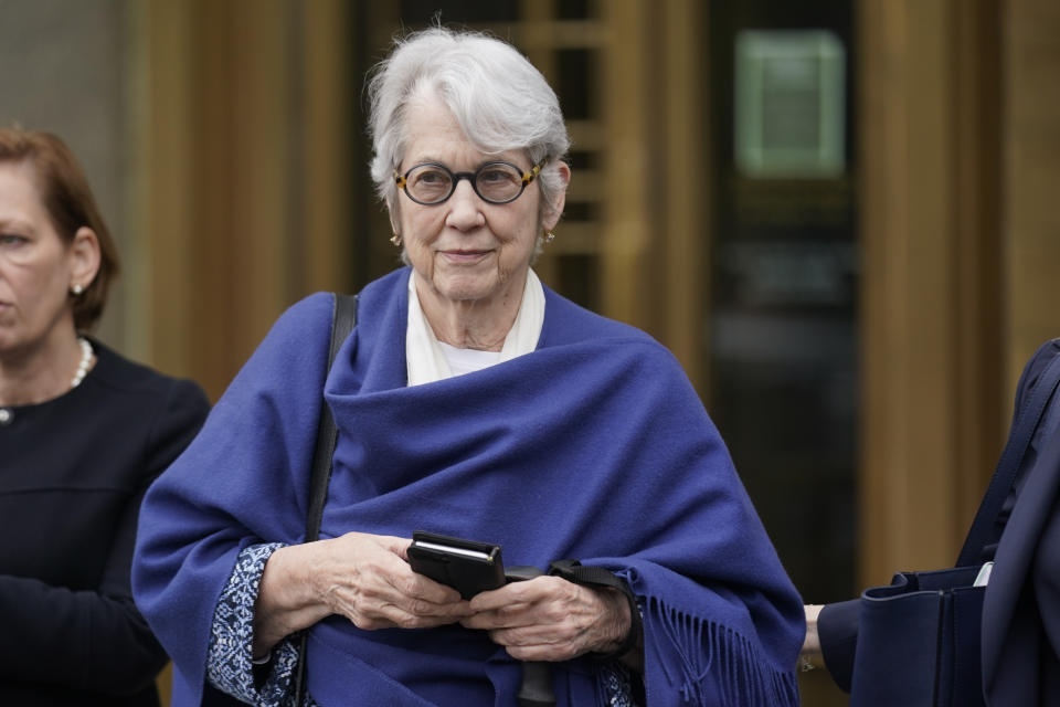 Jessica Leeds leaves the federal courthouse after testifying in writer E. Jean Carroll's lawsuit against Donald Trump in New York, Tuesday, May 2, 2023. (AP Photo/Seth Wenig)