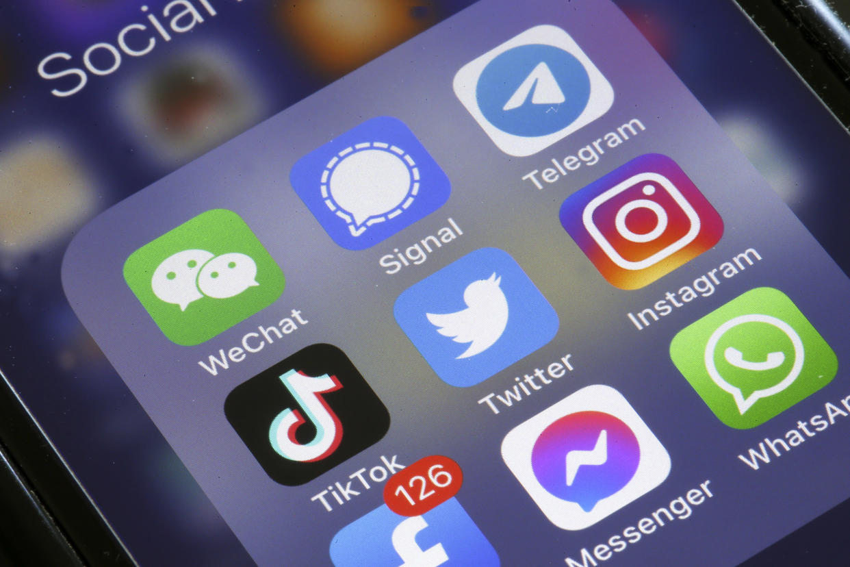 A photo showing logos of social media applications WeChat, Instagram, WhatsApp, Messenger, Telegram, TikTok, Twitter, Facebook and Signal.