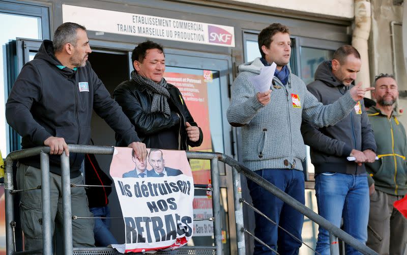 French SNCF workers gather and vote at a railway station as the strike to protest against French government's pensions reform plans continues, in Marseille