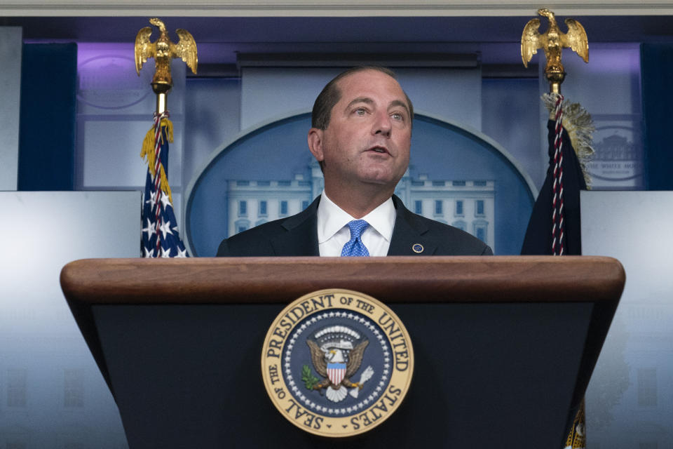 FILE - In this Aug. 23, 2020, file photo, Health and Human Services Secretary Alex Azar speaks during a media briefing in the James Brady Briefing Room of the White House in Washington. Trying to pull back the veil on health costs to encourage competition, the Trump administration on Oct. 29, will finalize requirements for insurers to tell consumers up front the actual prices for common tests and procedures. (AP Photo/Alex Brandon, File)