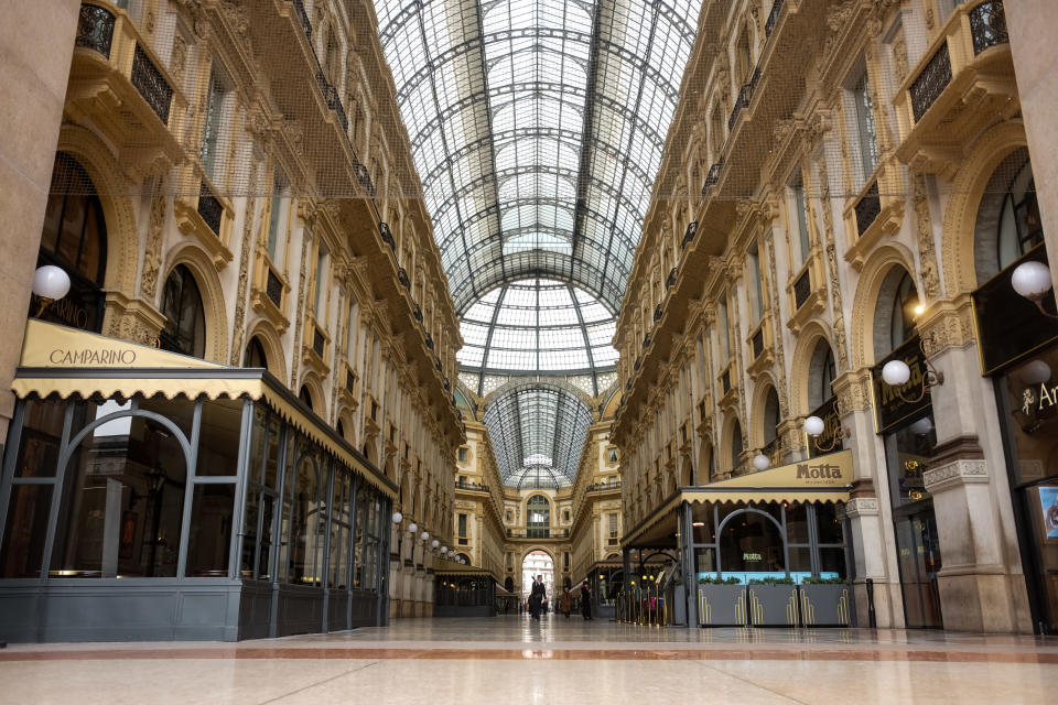 An empty Galleria Vittorio Emanuele II during the first day of quarantine for Milan, Italy on March 9, 2020. (Credit: Mairo Cinquetti/NurPhoto via Getty Images)