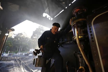 Puffing Billy steam engine driver Steve Holmes, 61, climbs down from his locomotive in the morning light during an inspection before running a train from Belgrave near Melbourne, October 20, 2014. REUTERS/Jason Reed