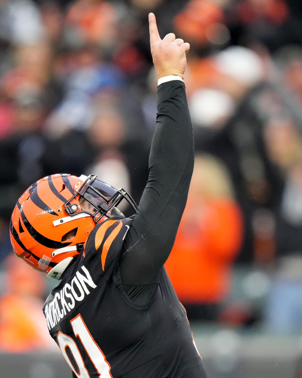 Defensive end Trey Hendrickson  celebrates a sack of Indianapolis quarterback Gardner Minshew in the fourth quarter of last season's Week 14 game. Hendrickson has 39.5 sacks in his three seasons as a Bengal.