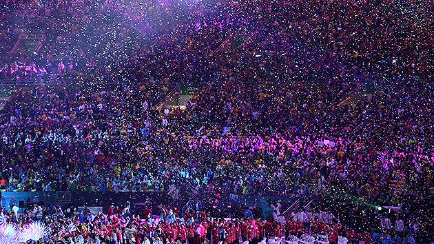 Confetti falls near the conclusion of the 2016 Olympic Games Closing Ceremony in Rio. Pic: Getty