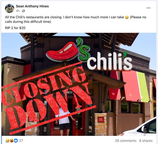 A false rumor circulated online with users claiming Chili's Grill & Bar was shutting down and closing all locations across America.