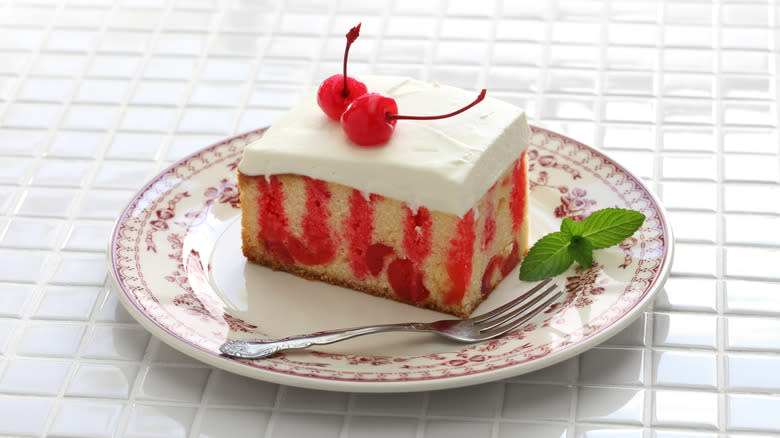 vanilla poke cake with cherry sauce