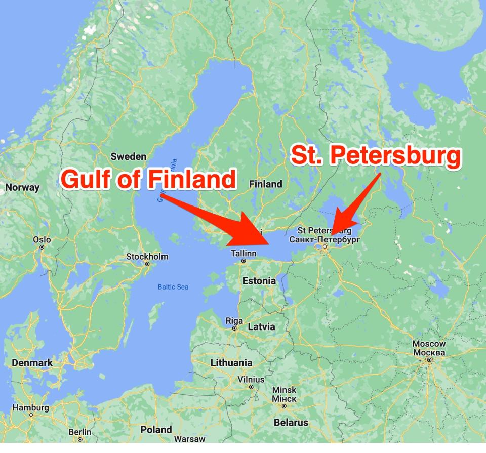 A map showing where St Petersburg is in relation to the Gulf of Finland.