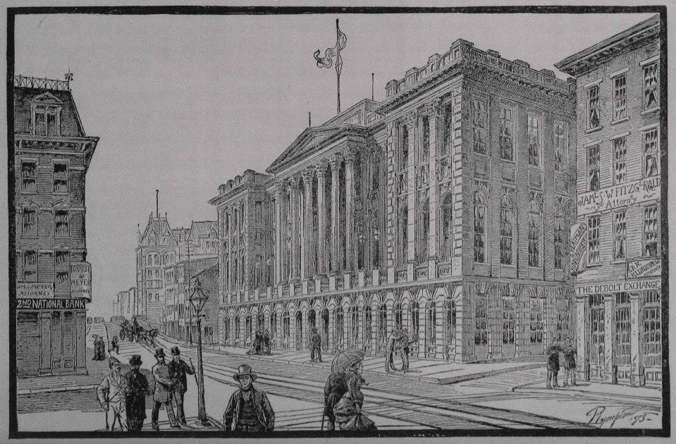 An engraving, from the book "Picturesque Cincinnati" by James W. Dawson, of the Hamilton County Courthouse before it was destroyed in the Courthouse Riot in 1884.