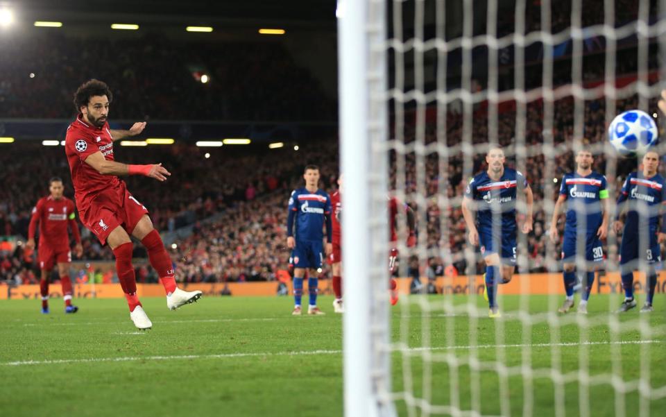 Mohamed Salah scores from the penalty spot against Red Star Belgrade - Offside