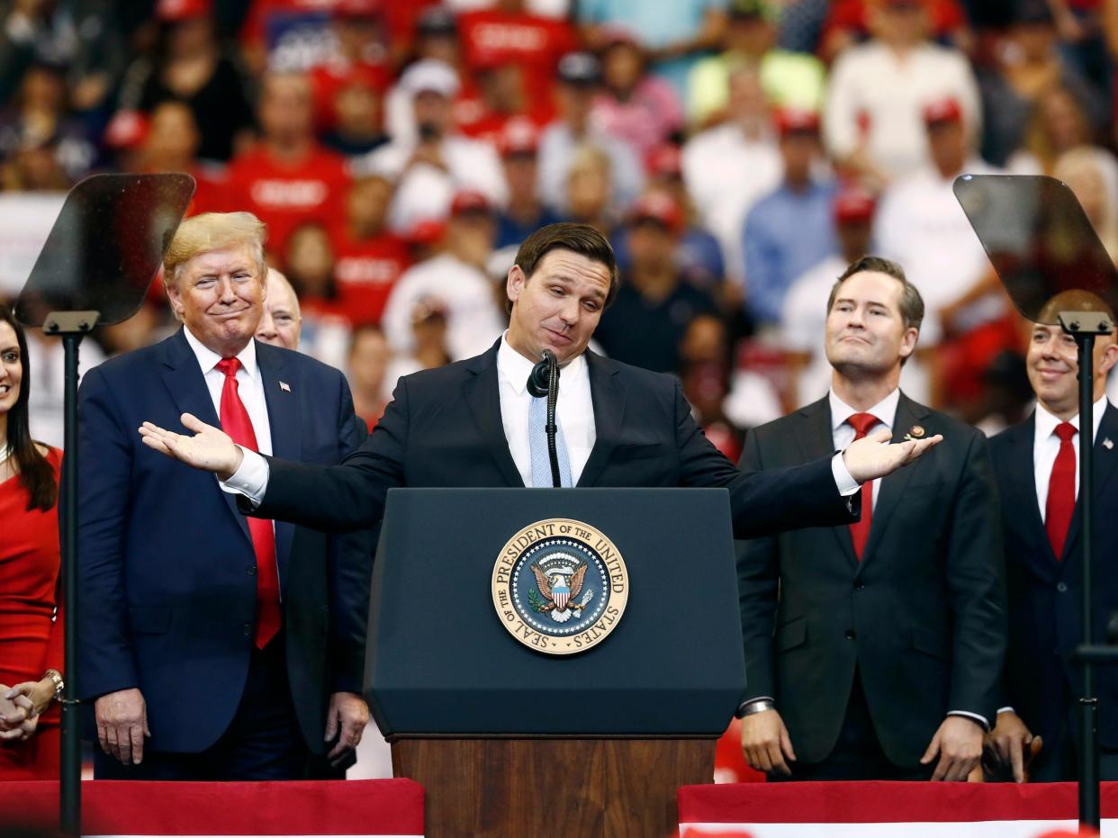 Florida Gov. Ron DeSantis speaks about President Donald Trump during a campaign rally Tuesday, November 26, 2019, in Sunrise, Florida.