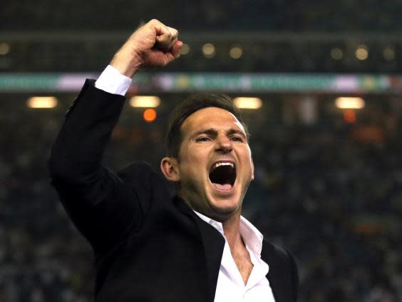 Frank Lampard celebrates Derby County’s victory over Leeds United to reach the Championship play-off final (PA)