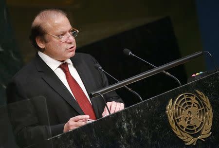 Prime Minister Muhammad Nawaz Sharif of Pakistan addresses attendees during the 70th session of the United Nations General Assembly at the U.N. Headquarters in New York, September 30, 2015. REUTERS/Carlo Allegri