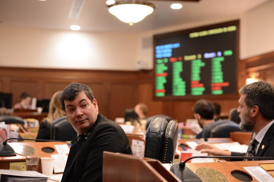 Rep. Will Stapp, R-Fairbanks, looks at his staff in the House gallery after a vote on Wednesday, May 15, 2024. (Photo by James Brooks/Alaska Beacon)
