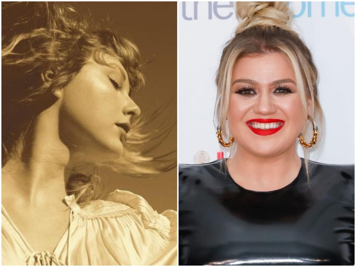 Taylor Swift on the cover of her new Fearless album, and Kelly Clarkson at an event in 2020 (Republic Records/Tibrina Hobson/Getty Images)