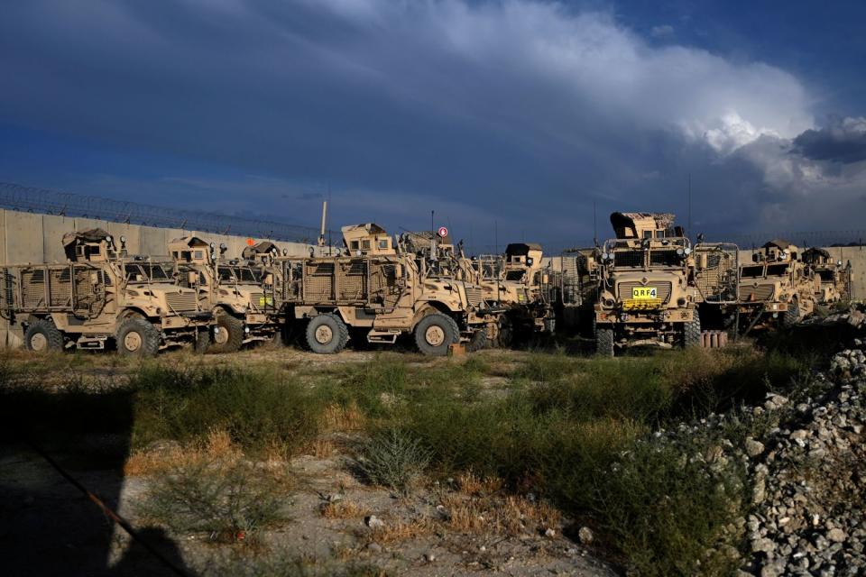 Mine resistant ambush protected vehicles known as MRAPs inside the Bagram base