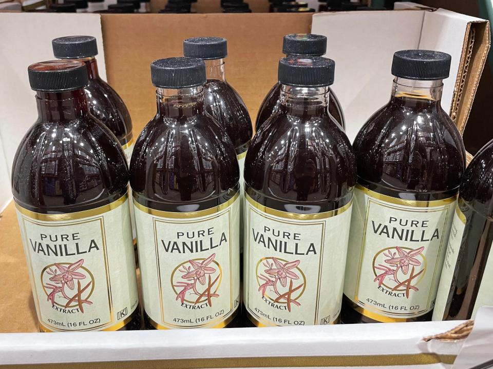 beige and clear bottles of pure vanilla extract at Costco